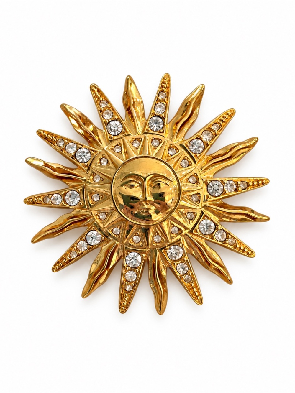 Vintage Trifari Sun Face Sunburst Brooch Gold Tone Rhinestone Celestial Pin